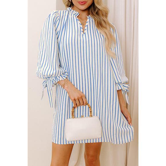 Sky Blue Stripe Knotted Bracelet Sleeve Notched Mini Dress - Size US 16-18 - Picture 1 of 9